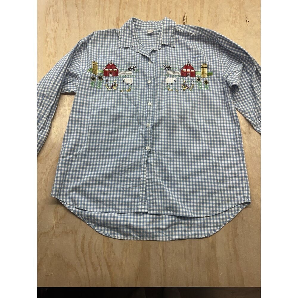 Women’s Gingham Long Sleeve Farm Animal Embroidered‎ Shirt Barn Cows Ducks Sz L